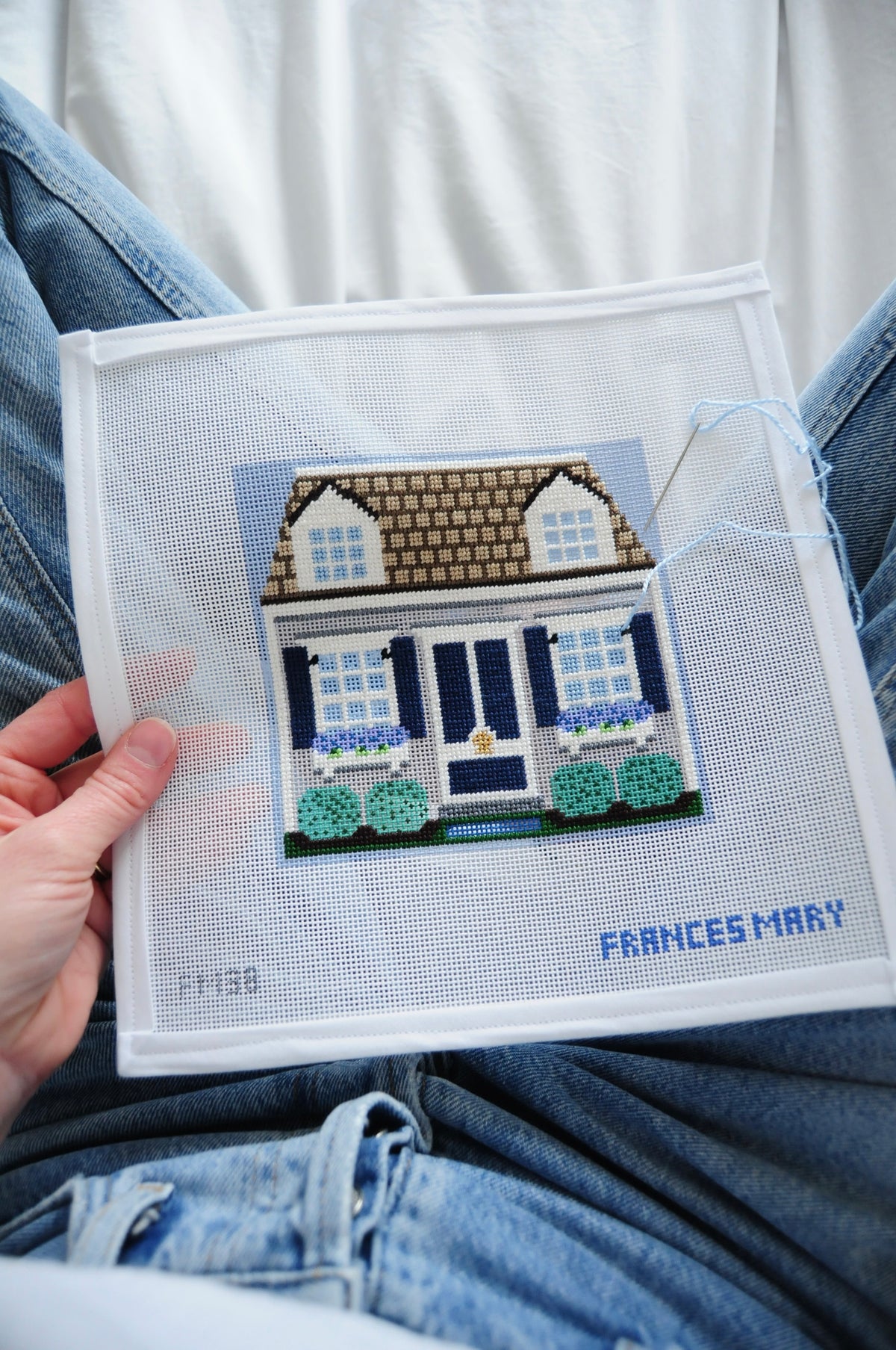 Frances Mary Needlepoint canvas being stitched.