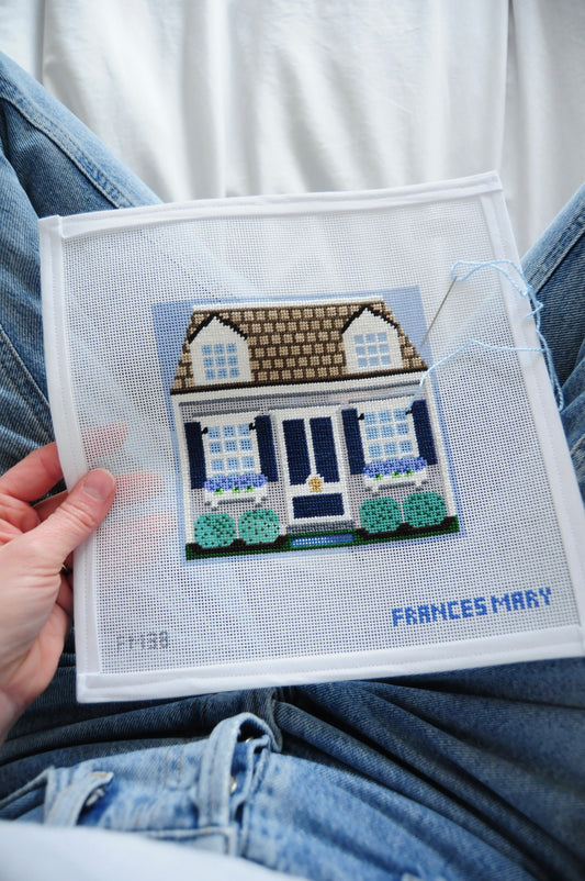 Frances Mary Needlepoint canvas being stitched.