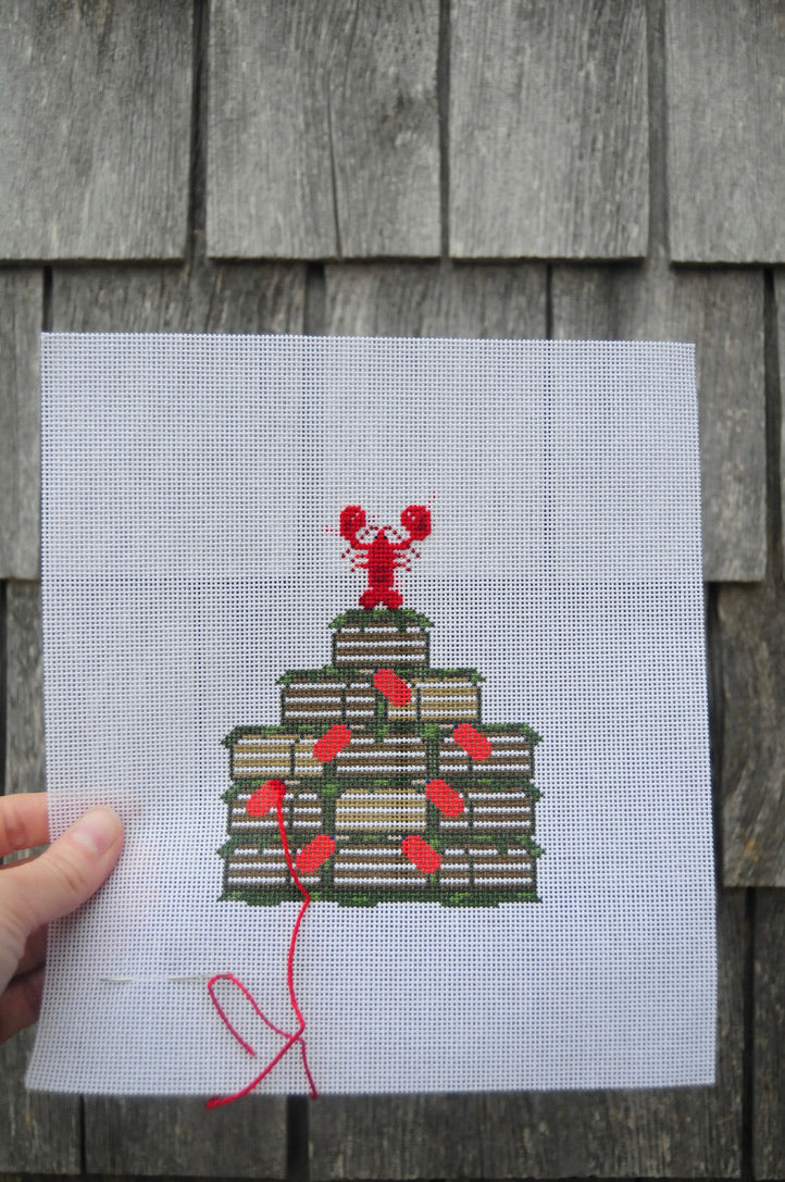 Needlepoint design of a lobster trap christmas tree