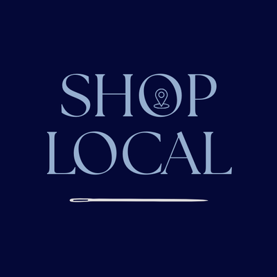Shop Local text with a pin drop icon on a dark blue background
